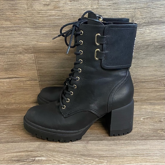 Dkny Platform Ankle Boots Wmns 6 Black Faux Leather Buckle Laceup Zip Grunge - Picture 1 of 8